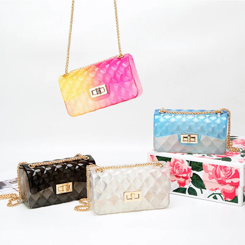 

Women Jelly Candy Color Clear Handbag PVC Diamond Lattice Shoulder Bag Tote Beach Transparent Chain Crossbody Messenger Bag