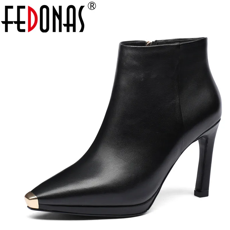 

FEDONAS Fashion Women Ankle Boots Genuine Leather Autumn Winter High Heels Shoes Woman Metal Toe Top Quality Zipper Office Pumps