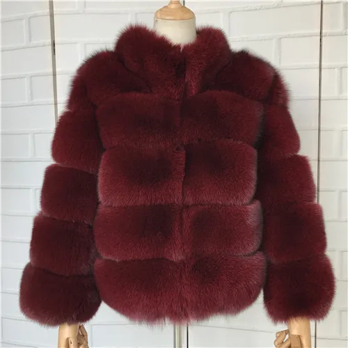Зимнее женское меховое пальто, модное женское пальто из натурального Лисьего меха, верхняя одежда с воротником, плотное теплое Женское пальто из натурального Лисьего меха - Цвет: Wine red