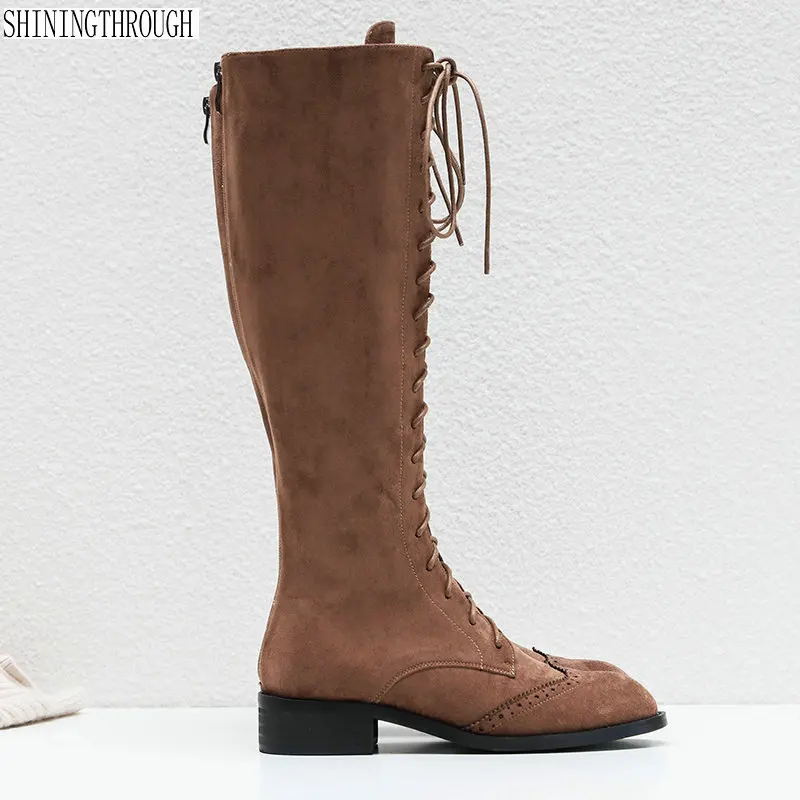 

Fashon New Brand suede Leather Knee High Boots High Heels Lace Up Motorcycle Boots Female Long Winter Shoes Woman