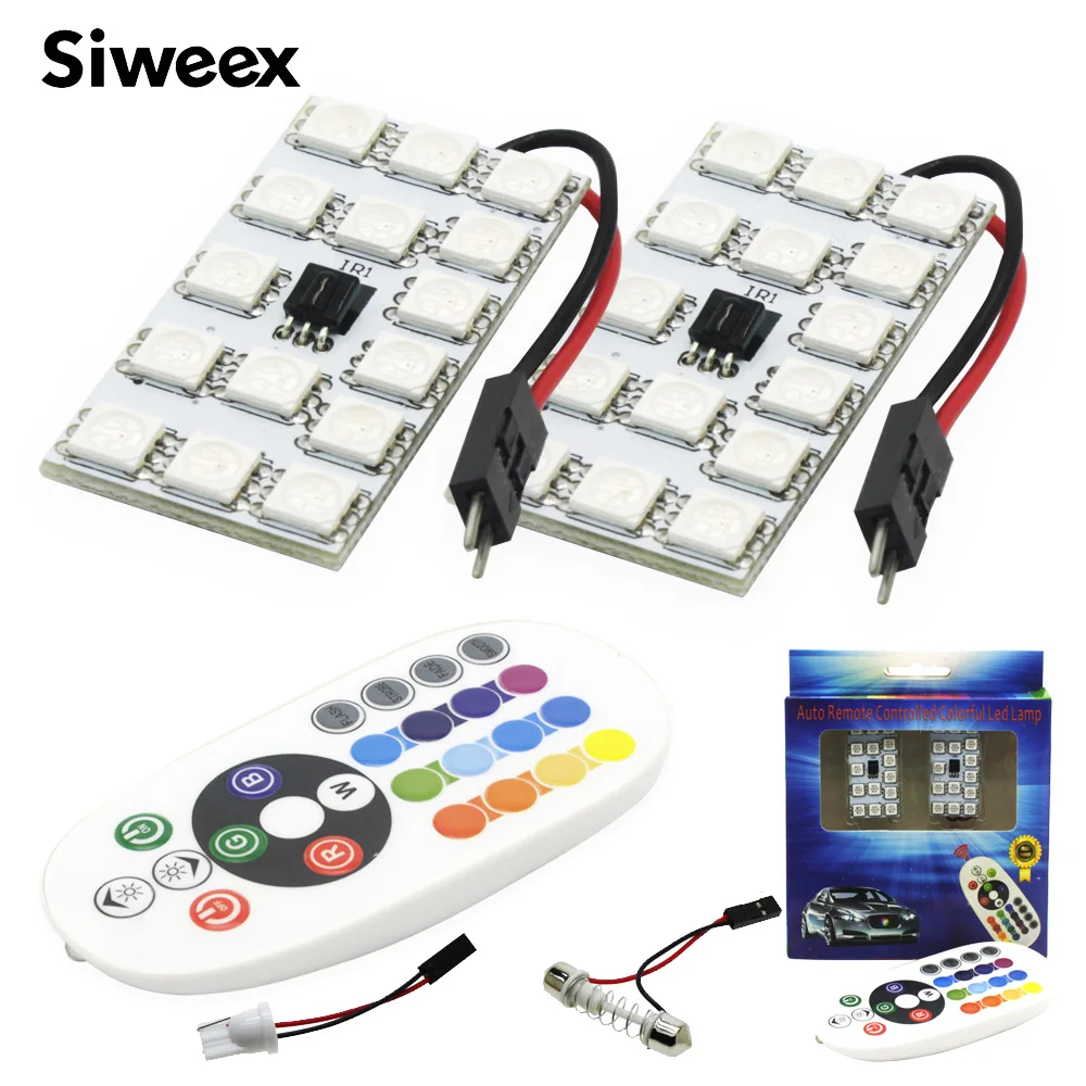 

2Pcs 12/15/24/36x5050 SMD LED Panel Bulb colorful change with Remote Controller T10 RGB color 31MM 36MM 39MM 42MM BASE DC 12V