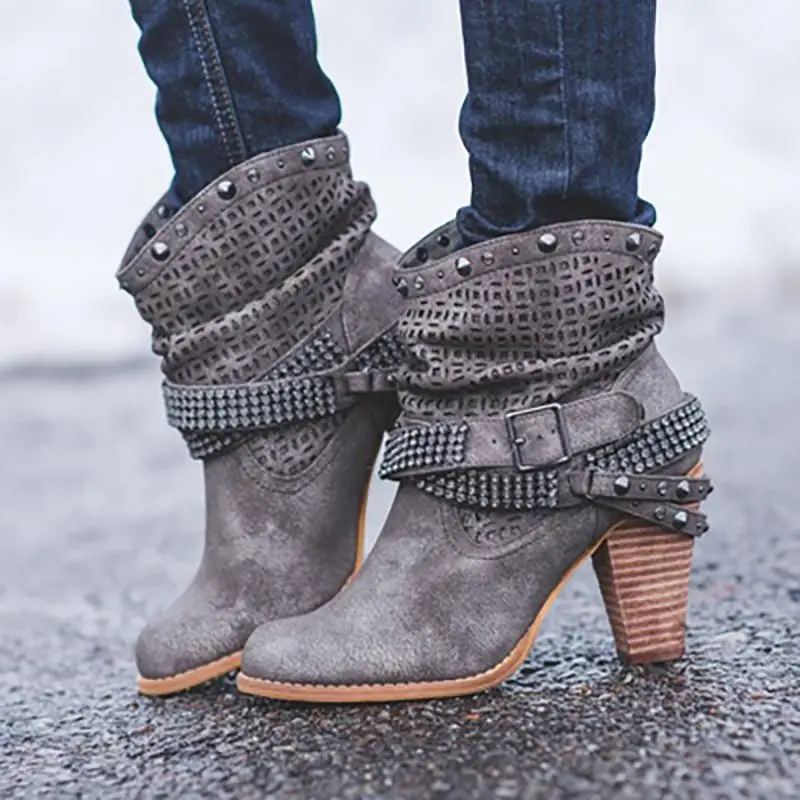 MoneRffi осенне-зимние ботинки женские ботильоны на толстом каблуке, цвета: верблюжий, черный, женская обувь без шнуровки Bota Feminina, Размеры 35-43 - Цвет: gray