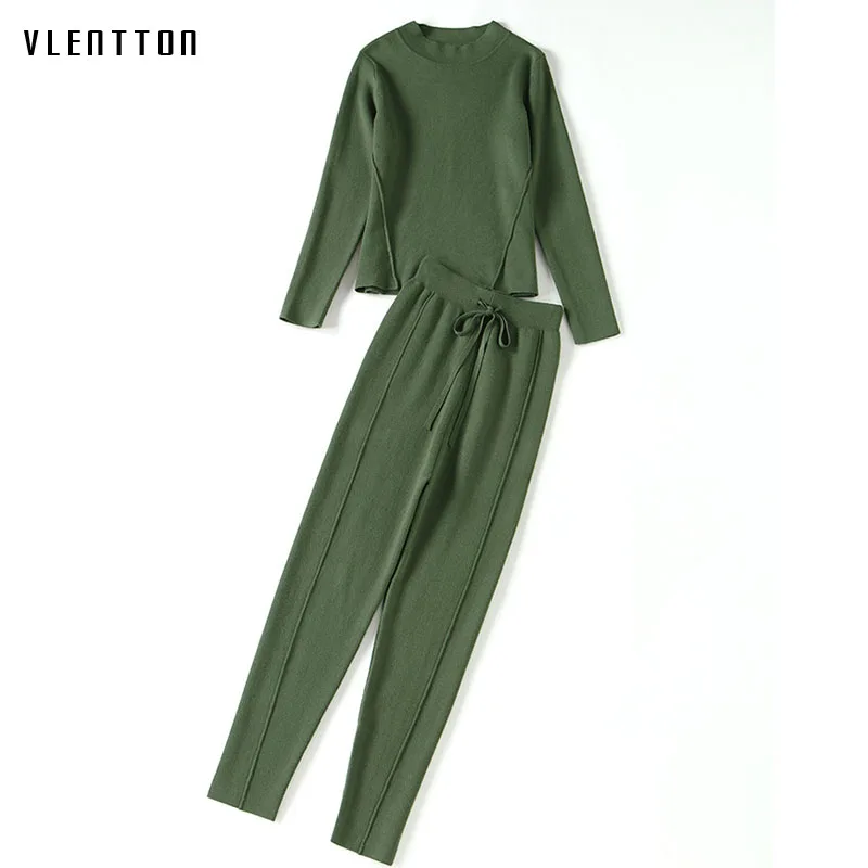 

2018 new spring simple color casual knitted sweater pants suit two piece set