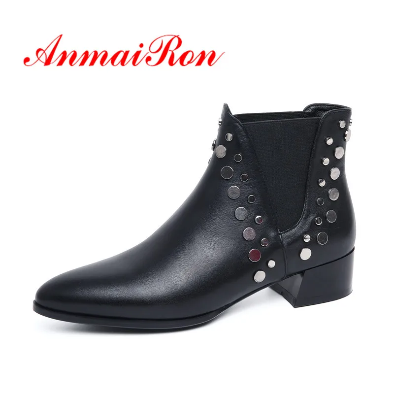 

ANMAIRON Rivets Women Ankle Boots Size 34-39 Causal Med Heels Thick Heels Fashion Boots Pointed Toe Shoes woman Slip on CR1127