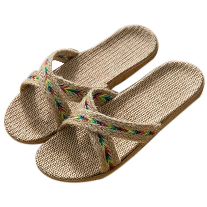 

Women's Cross Flax Slippers Beach Flip Flops Indoor Non-slip EVA Mute Hotel Linen Slippers Women Slides Home Shoes Flat Sandals
