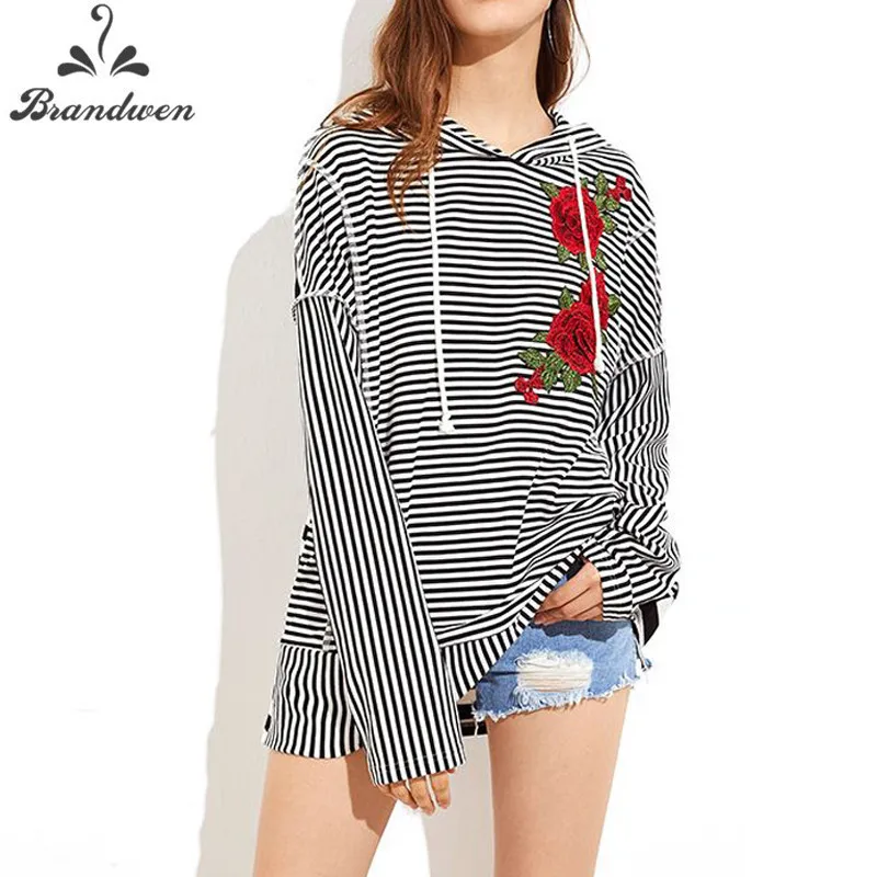 Women Hooded Casual Tops Long Sleeve Loose Vertical