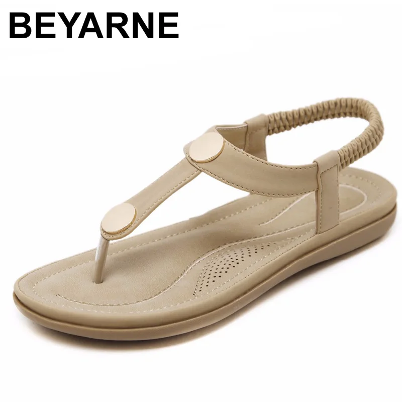 

BEYARNE Women Flat Sandals Shoes Woman Flip Flop Casual Beach Sandals Soft Shoes Metal Botton size 35-42 Apricot Black Blue
