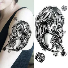 Черный цветок боди-арт, водонепроницаемые временные сексуальные татуировки в виде головы девушки, розы для женщин, флеш-тату, наклейки 10*20 см KD1006