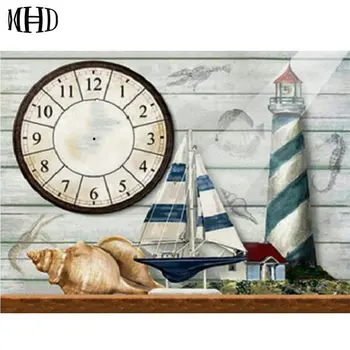 

DIY Diamond Painting Boat Pattern Wall Clock Diamond Embroidery Full & Round 3D Cross Stitch Crystal Picture Home Decor Clock