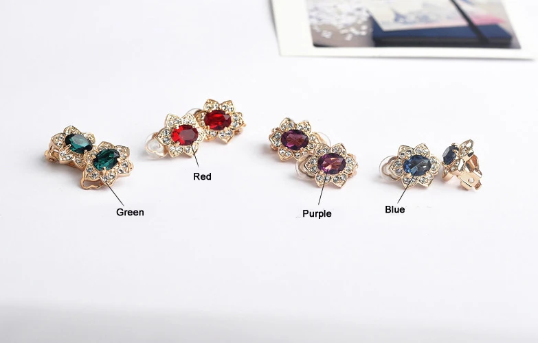 MOONROCY Free Shipping Italina Fashion Zirconia Rose Gold Color Red Blue Purple Green Crystal Earrings Clip Earrings Gift