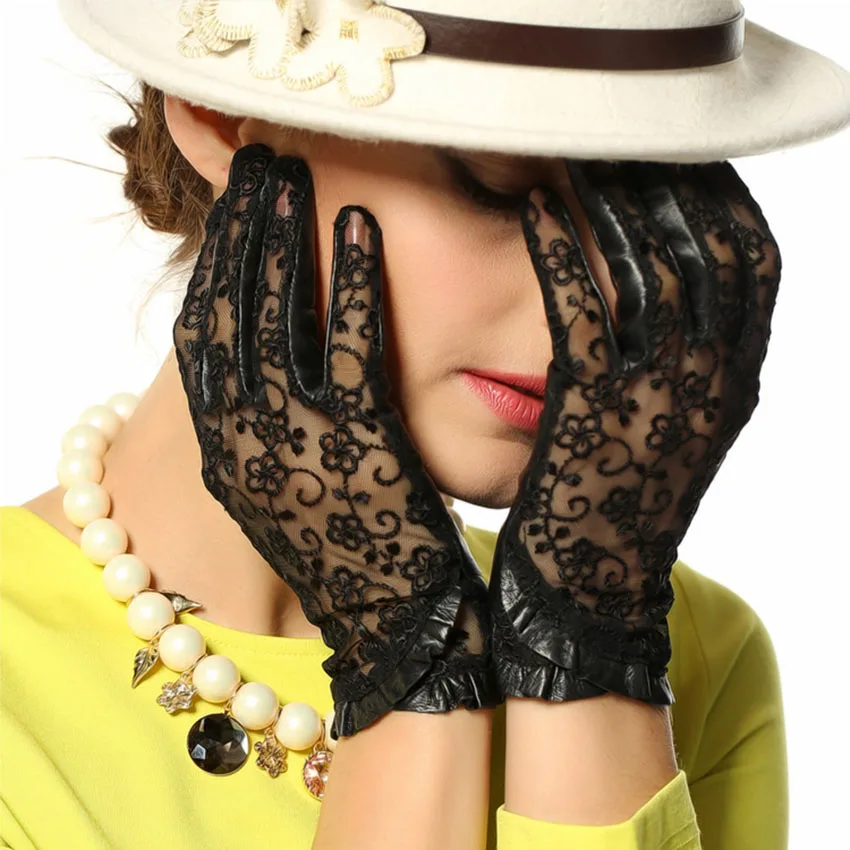 Женские перчатки из натуральной кожи с кружевом без подкладки|sheepskin gloves|women fashion