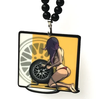 

Sexy Bikini Girl Pumping The Tire Square Badge Double Sides Printed Fashion Pendant Car Rearview Mirror JDM Ornament Hip Hop