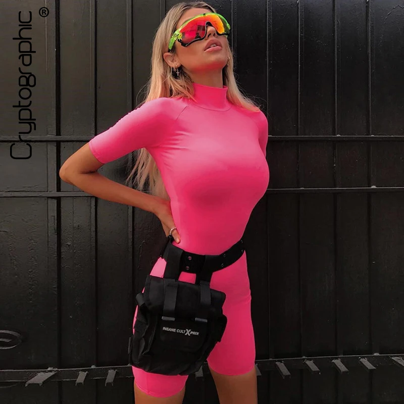 

Cryptographic neon pink fashion turtleneck playsuits women sexy body short sleeve casual rompers slim 2019 fitness bodybuilding
