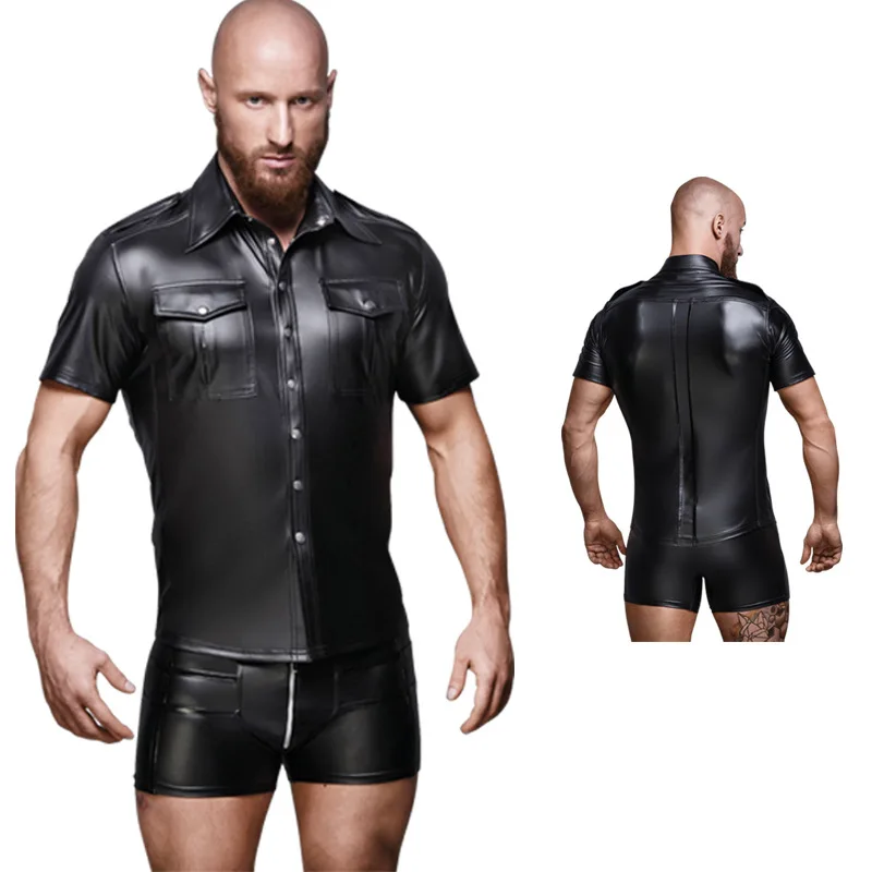 

Black Sexy Mens T-Shirts Soft Faux Leather Police Uniform Shirt Tops with Snap Novelty DS Night Clubwear Punk Uniform Shirt