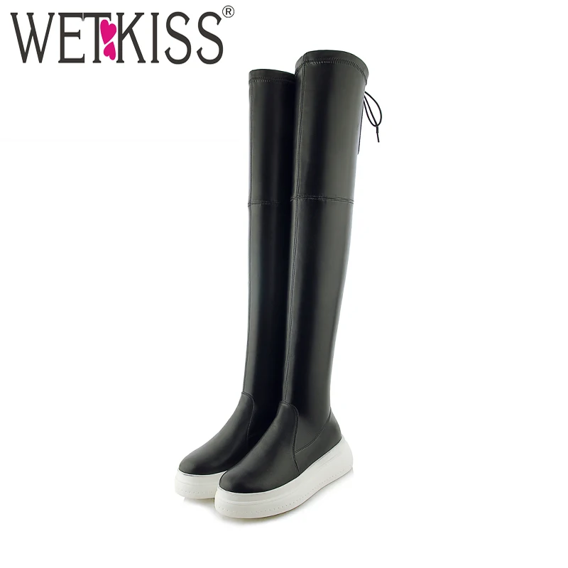 

WETKISS Over The Knee Women Boots Round Toe Flat With Footwear Cow Leather Stretch Female Boot Platfofm Shoes Woman 2018 Winter