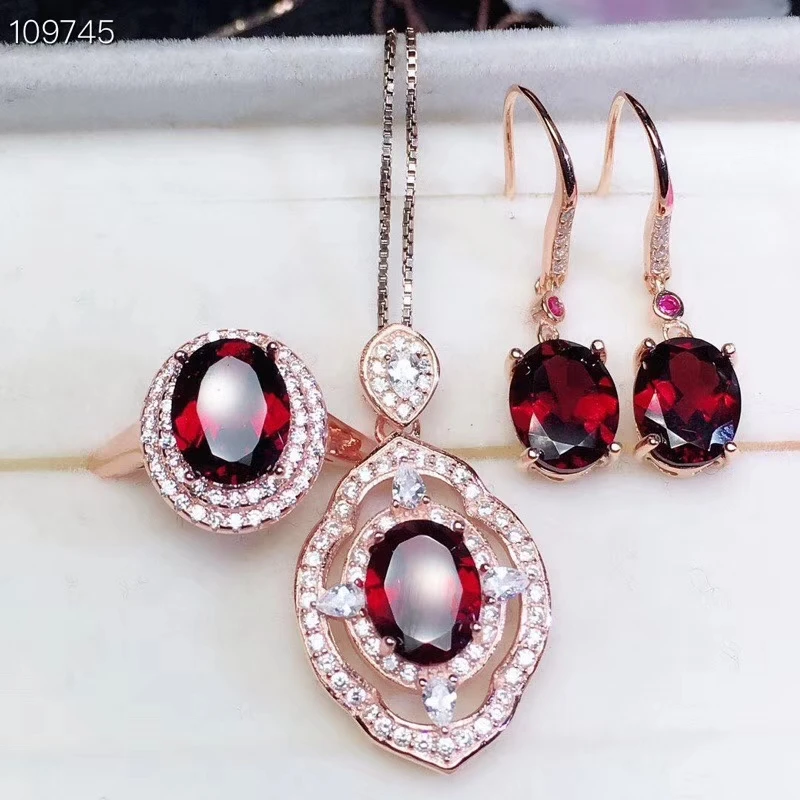 

Natural red garnet gem jewelry sets natural gemstone ring earrings necklace S925 silver Retro luxury round for Women wedding