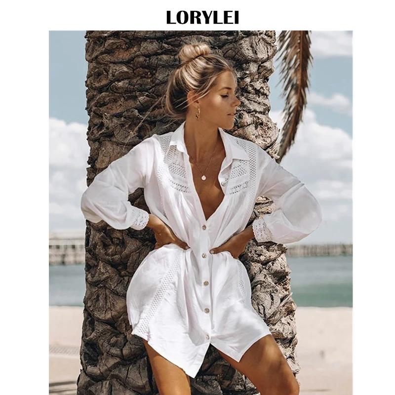 

Tunic Cover-ups 2019 White Cotton Tunic Beach Mini Dress Summer Women Beachwear Sexy V-Neck Button Front Swimsuit Cover Up N863
