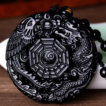 

Black Obsidian Hand Carved Chinese Dragon Phoenix BaGua Lucky Amulet Pendant Free Necklace Fahion Fine stone Jewe