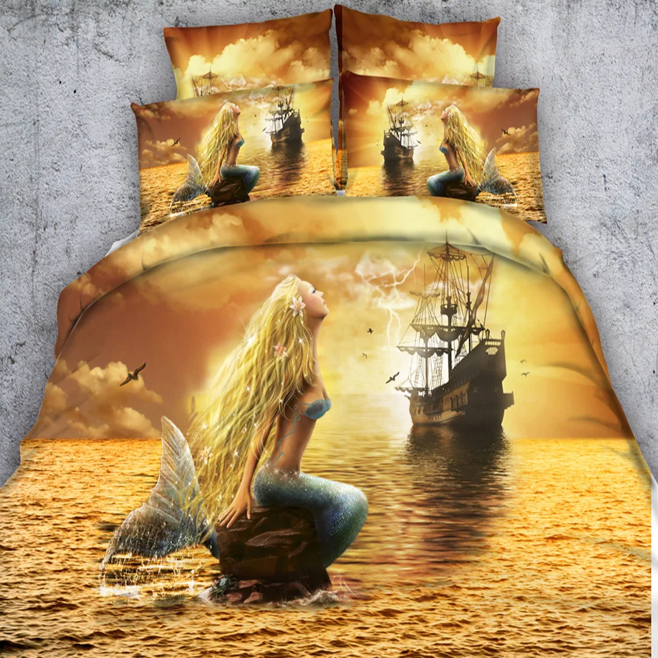 Lai Yin Sun Free Dropshipping Duvet cover sets 3 Parts Per Set Beautiful Mermaid and Pirate Ship 3D bed set Girls Bed Linens