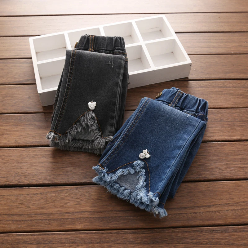 

2020 Spring Autumn New Design 3 4- 8 10 12 Years Children Elastic Long Pants Washed Tassel Baby Kids Girls Wide Leg Denim Jeans