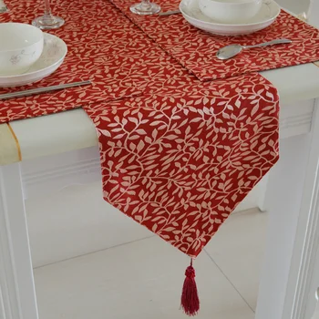 

Fashion Amazing Imitated Silk Fabric red leaf Jacquard Rural table runner Lace Luxury Table flag