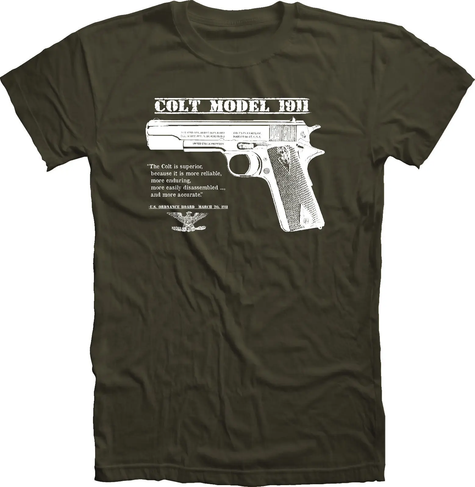 

2019 Original US Army Colt 45 1911 Pistol WWII / WWI black army Green T Shirt trigger safety grips