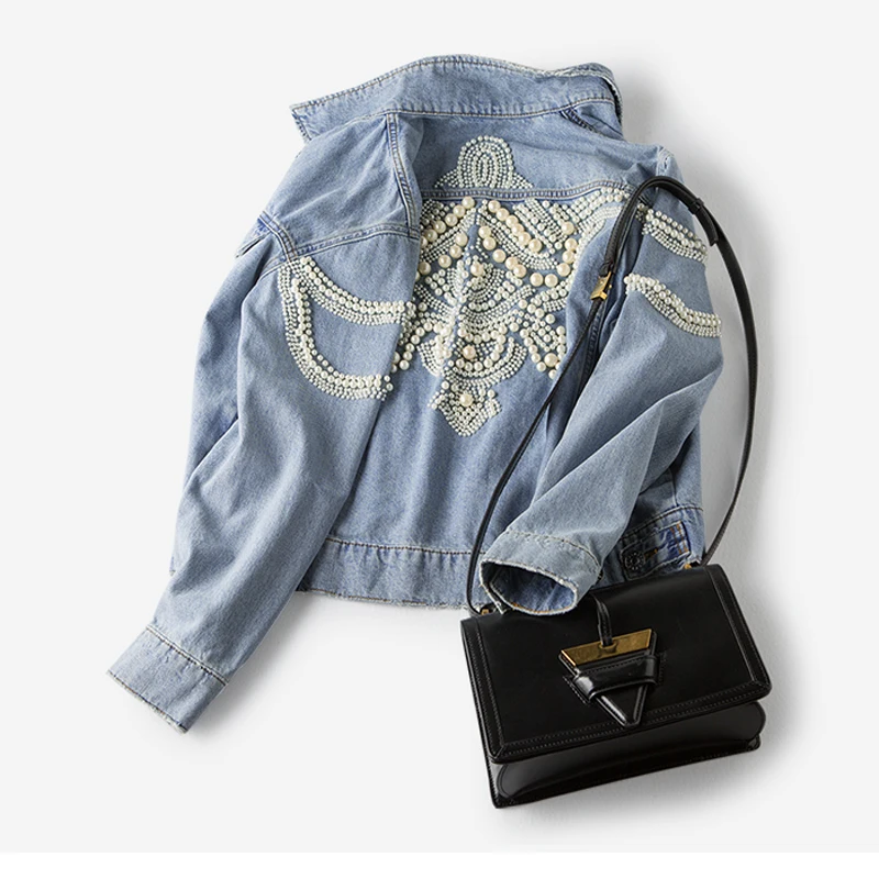 Street Cotton Nailed Pearl Jeans Jacket Loose Leisure Pearl Embroidered Coat Long Sleeve Short women Tops Trend Fashionable New 
