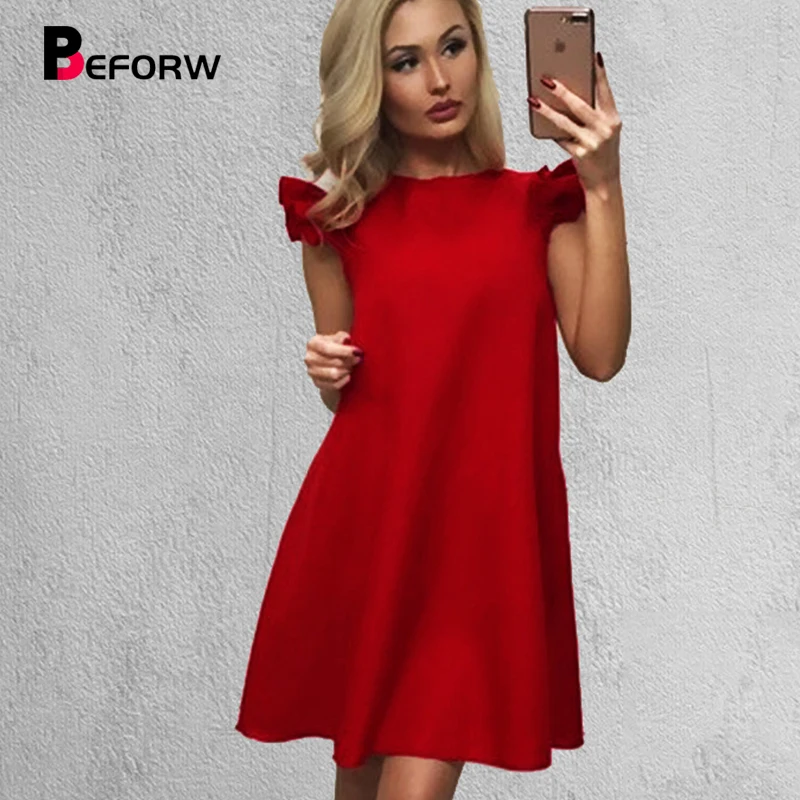 

BEFORW Women Summer Dress Spring Lotus Leaf Sleeve Loose Dress Fashion Casual O Neck Red White Black Dresses For Women Vestidos