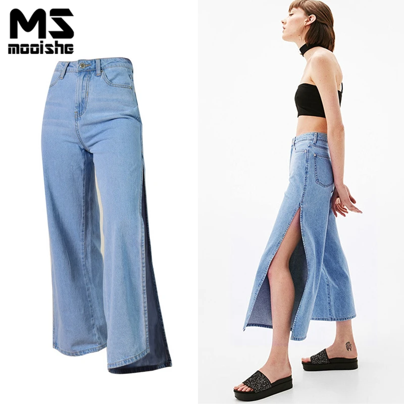 

Mooishe Summer Women BF Jeans With Open Side Seam Ankle Length Straight High Waisted Wide leg Jeans Denim Pant