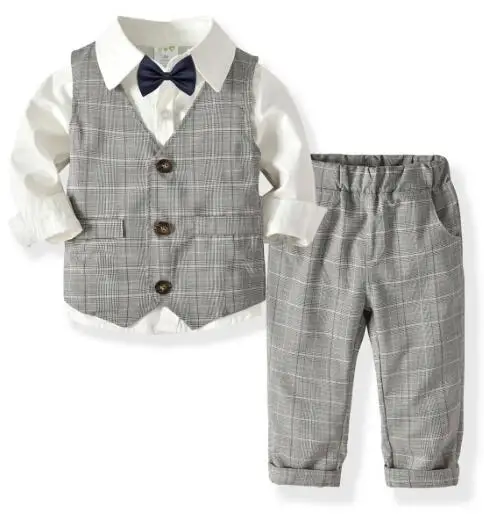 Одежда для маленьких мальчиков, деловой детский осенний костюм, детская одежда, серый жилет+ рубашка+ брюки, одежда для мальчиков, одежда для малышей 2, 3, 4, 5, 6 лет - Цвет: 19A311 white