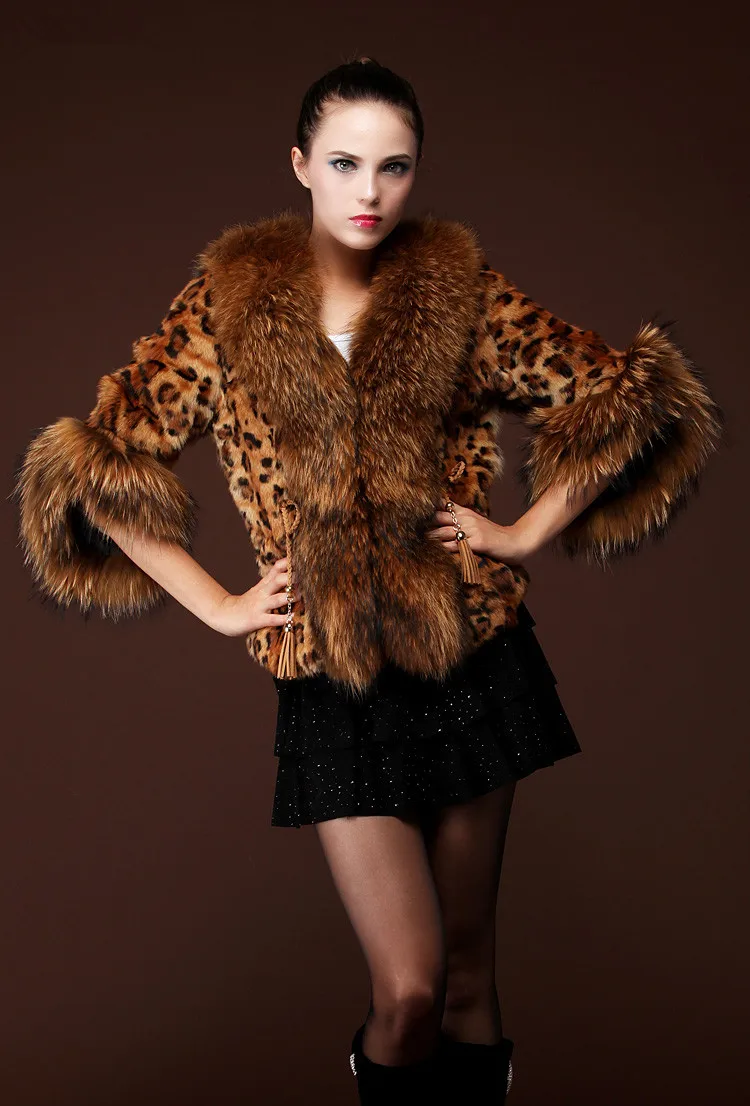 Новая Мода, сексуальный леопардовый Лисий мех, мех енота, тяжелый мех, воротник, рукав, пальто для женщин - Цвет: Leopard print