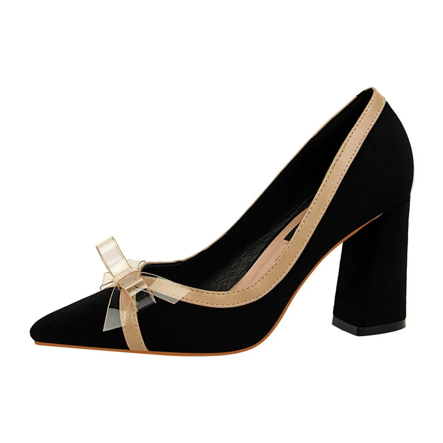 

pumps women shoes leather red high heels Fashionable sweet shoes thick with suede shallow mouth tip color transparent bow