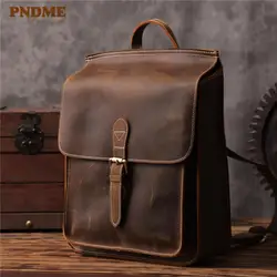 PNDME Ретро мужской рюкзак из натуральной кожи на открытом воздухе Повседневный простой водонепроницаемый Повседневный crazy horse из воловьей