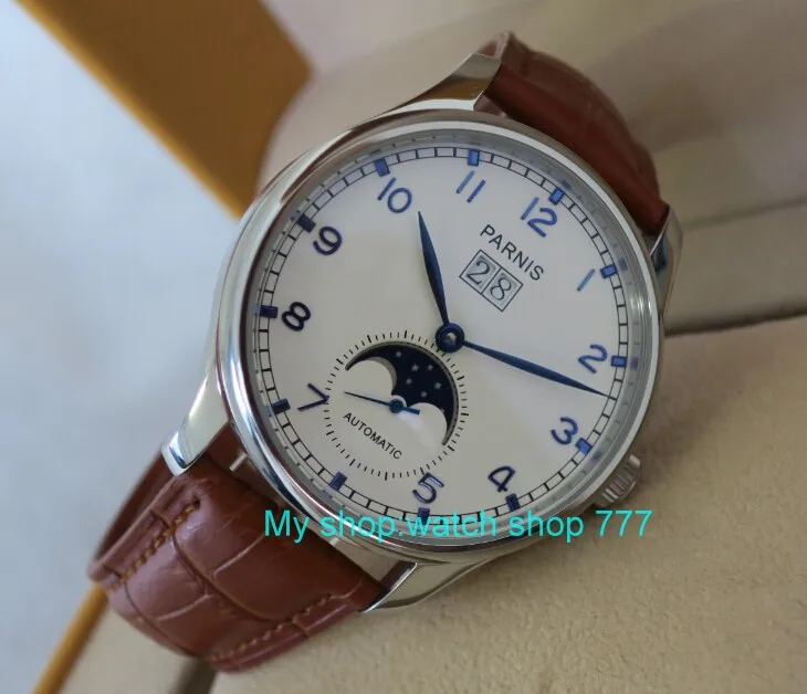 43MM PARNIS Asian ST25 Automatic Self-Wind movement white dial men's watch Moon Phase Mechanical watches brown Strap 289