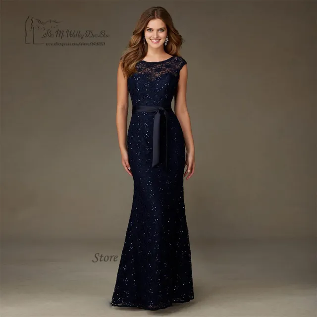 High Quality Navy Blue  Lace  Sequin Bridesmaid  Dresses  Long 