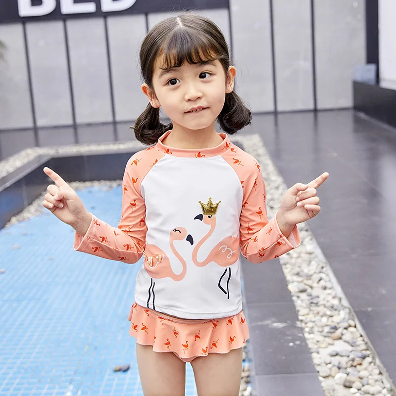 Gilrs Swimsuit Pink Flamingo Printed Two Piece Set Rash Guards Swimwear Long Sleeve Shorts Dive Skin Sun Protection 1-7Y Kids