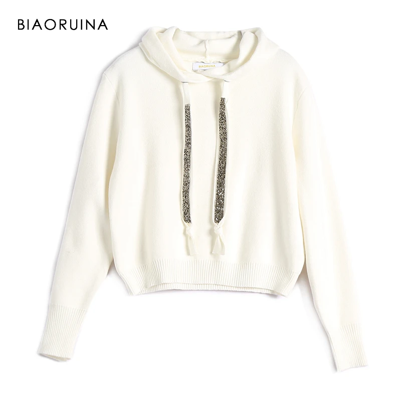  BIAORUINA Women Classic All-match Casual Knitted Sweatshirt Female Fashion Vintage Hoodies Chic Sas