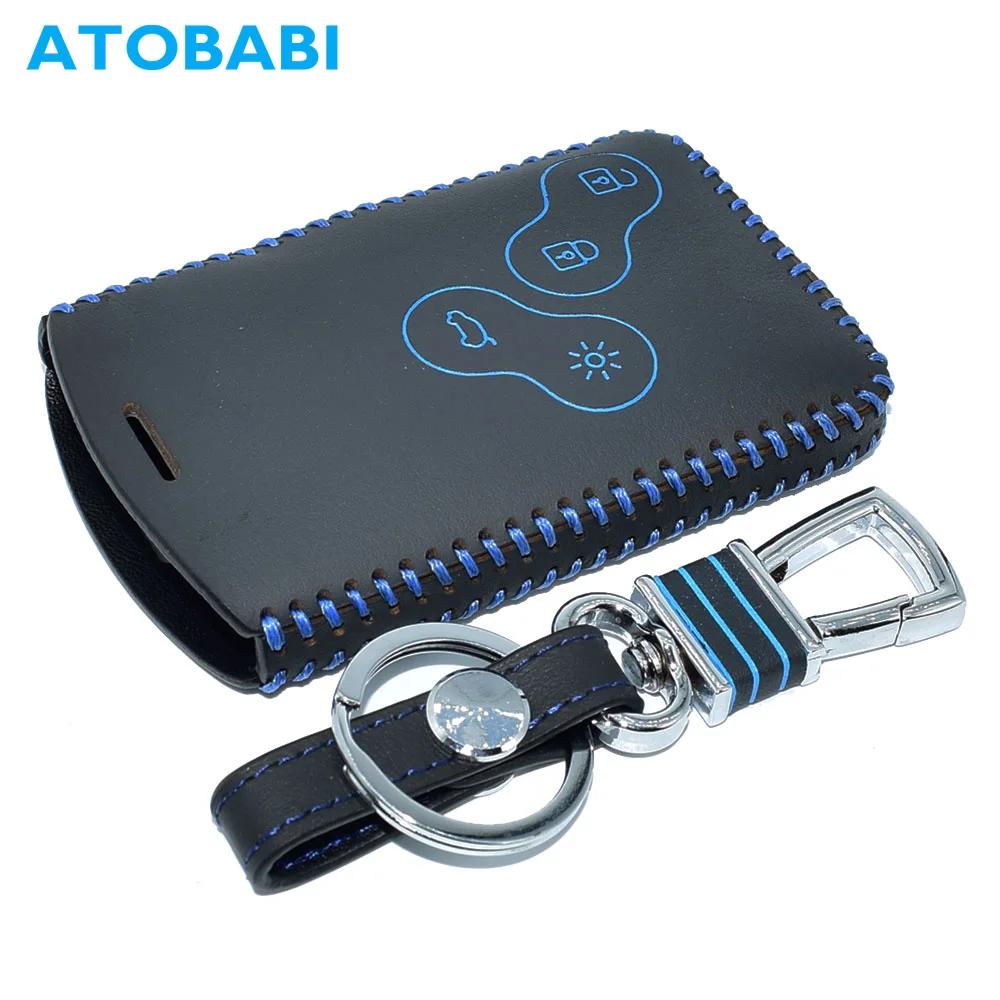 

ATOBABI 4 Button Genuine Leather Car Key Case Cover Remote Fob Shell Protective Keychain Jacket Holder for Renault Laguna Koleos