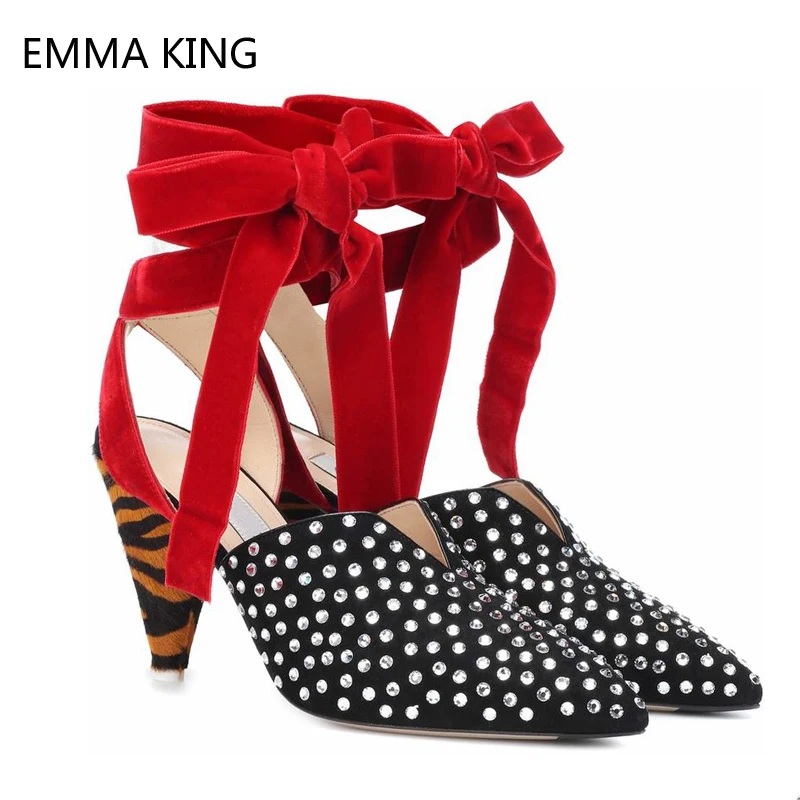 

Red Ankle Straps Pumps Women Shoes Crystal High Heels Luxury Rhinestone 9cm Spike Heels Pointed Toe Rubber High Heel Shoe