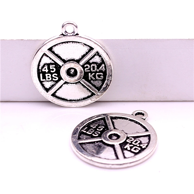 

Sweet Bell 20pcs 25mm Antique Silver Weight Plate Charms pendants Fit DIY Fitness Necklace Jewelry 45LBS 20.4KG 2D260