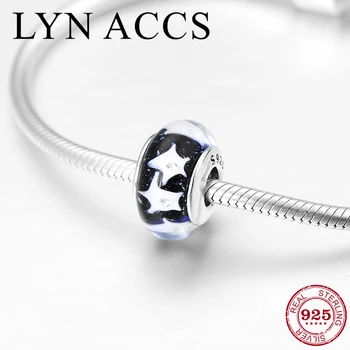 

925 Sterling Silver DIY deep blue stars pattern fine Murano Glass Beads DIY Jewelry Women Fit Original Pandora Charms Bracelet