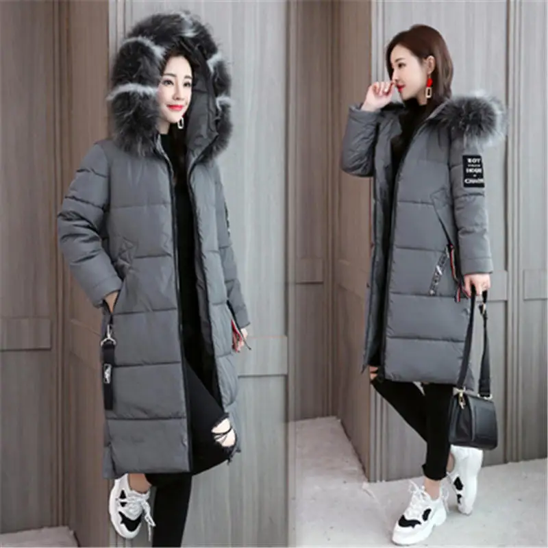 Зимнее женское пальто, Длинная женская парка, женская зимняя куртка размера плюс, теплая, с хлопковой подкладкой, тонкий меховой воротник, зимнее пальто для женщин V104