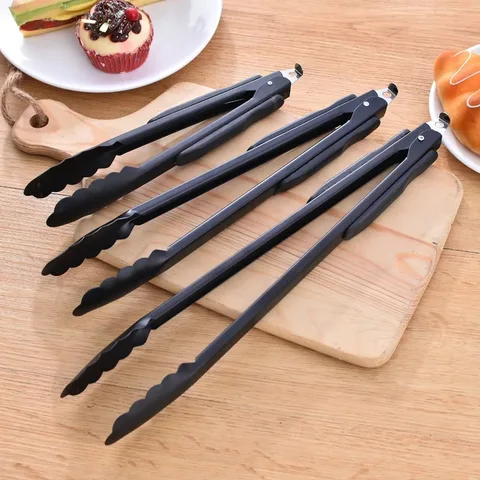 Pinças de Cozinha em Aço Pinças de Gelo Utensílio de Cozinha Inoxidável Churrasco Comida Pão Preto Tong Salada Cozimento Ferramentas Clipe Buffet Servindo Pastelaria