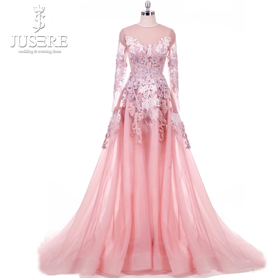 Jusere Jewel Hals Borduren Applicaties Lace Kralen Werk Bont 3D Hand Made Zipper Terug Nieuwe Lange Mouwen Roze Avondjurk 2018 Jusere Jewel Hals Borduren Applicaties Lace Kralen Werk Bont 3D Hand Made Zipper Terug Nieuwe Lange Mouwen Roze Avondjurk 2018