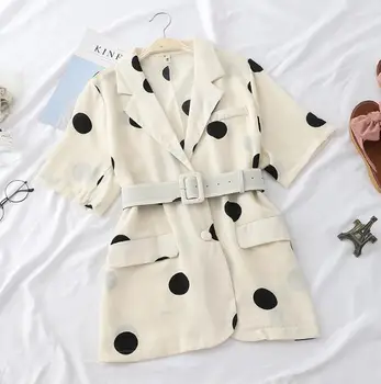 

Women's spring summer dot print belt chiffon suit lady's korean fashion half sleeve loose coat outwear TB185