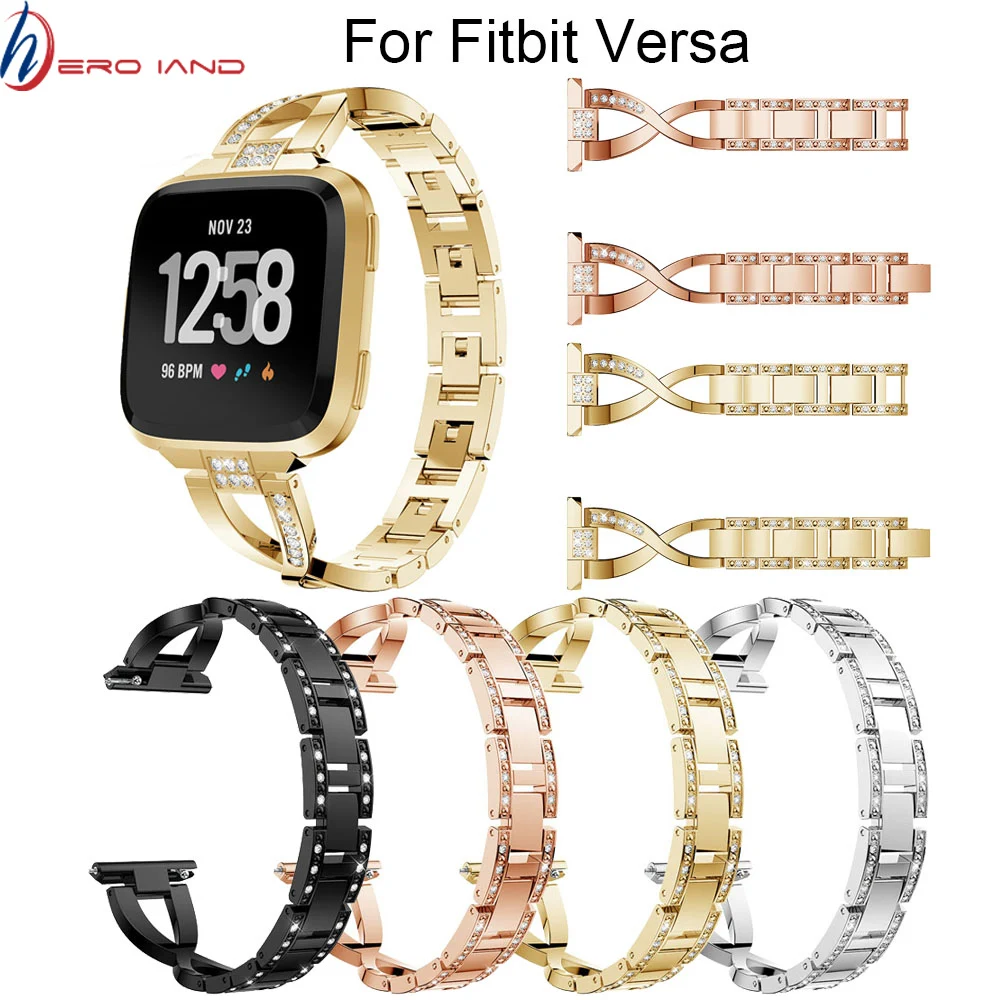 

Hot Crystal Stainless Steel Watch Band Replacement Metal Bracelet Adjustable Wrist strap for Fitbit versa Bands with Rhinestone