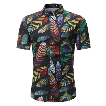 

Brand 2018 Fashion Male Hawaiian Shirt Short-Sleeves Tops Casual Feather Print Floral Shirt Mens Dress Shirts Slim Men Shirt