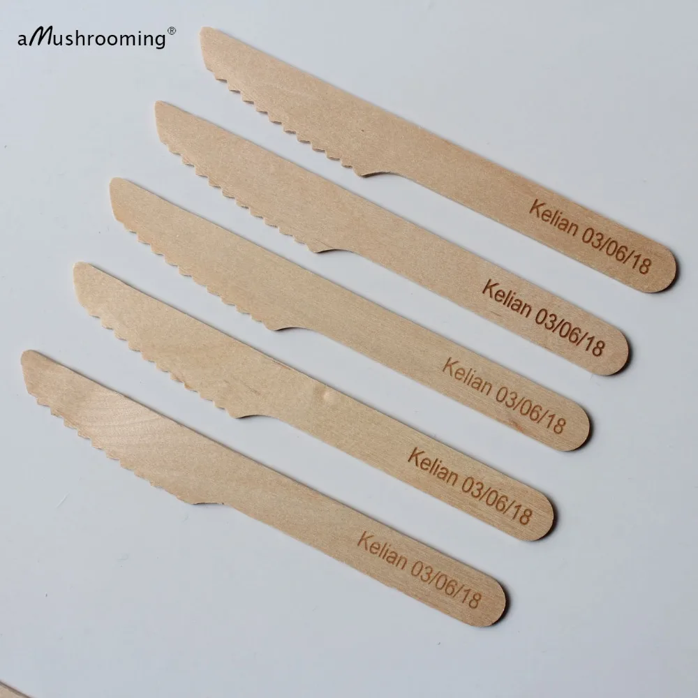 50 Personalized Engraving Birthday Party Ice Cream Cake Knives Wooden Disposable Knivesin