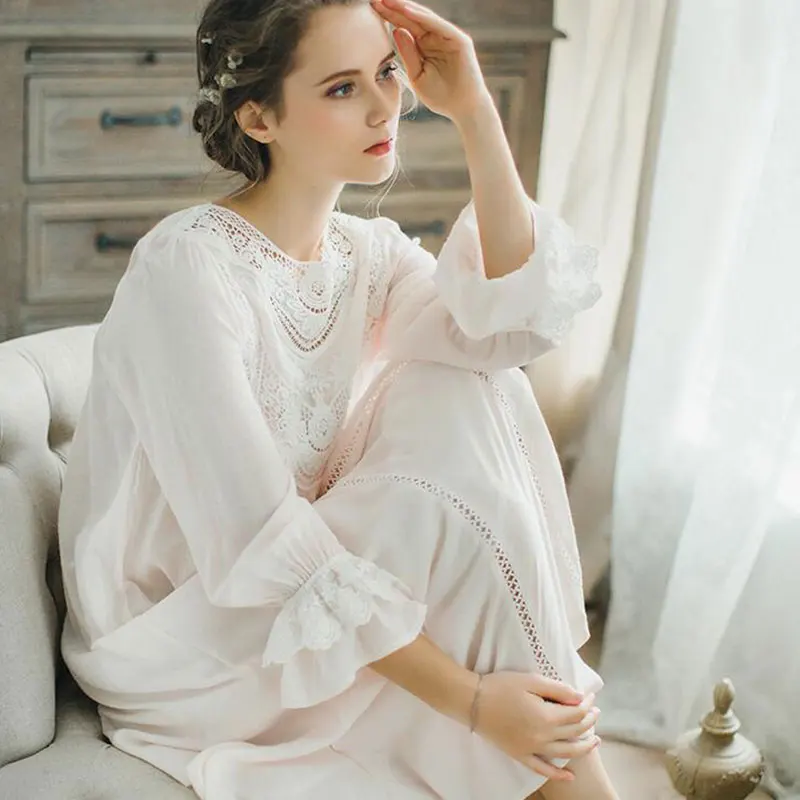 

Women Loose Sleepwear Lace Long Sleeves Vintage Princess Sleep Lounge Dress Light Blue Elegant Spring Cotton Nightgowns 4 Size
