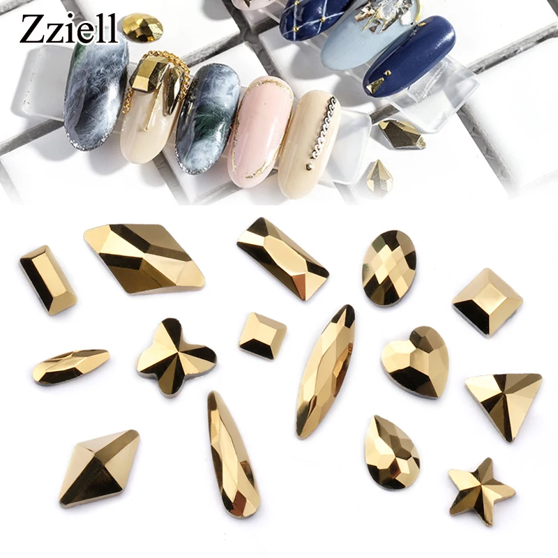 Zziell 20pcs Aurum Nail Art Decorations Stones Crystal Gold Glass Flatback Shape Rhinestones For 3D DIY Design Accessories | Красота и